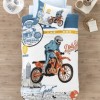 Lenjerie de pat 1 persoană albastru și portocaliu cu design motocross