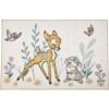 Covor Disney pentru copii cu Bambi și Thumper, în culori bej, verde și mov, dimensiune 80x120 cm, cu desene animate detaliate și motive florale.