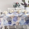 Fata de masa rotunda teflonata din bumbac, diametru 140cm model cercuri albastre/bej, decor elegant pentru mese rotunde