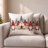 Fata de perna decorativa Craciun Koa 45x45 cm cu gnomi, casuta cu acoperis rosu si brazi inzapeziti