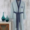 Halat baie unisex bumbac 100%, M/L, fine blue cu guler si cordon navy, broderie ancora