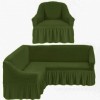 Set Husa elastica din material creponat, cu volan, pentru coltar + fotoliu, Verde