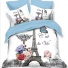Set de lenjerie de pat 3D din finet cu 6 piese, Pucioasa, turnul Eiffel și flori