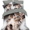 Lenjerie de pat dublu din finet, 6 piese, cu design de pisicuță adorabilă pe fundal gri și alb