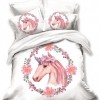 Lenjerie de pat 3D din finet, 6 piese, cu design unicorn roz și flori într-o coroană florală pe fundal alb