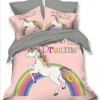 Lenjerie de pat 3D din finet, 6 piese, cu design unicorn și curcubeu pe fundal roz și gri