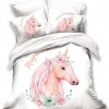 Lenjerie de pat 3D din finet, 6 piese, cu design unicorn roz și flori pe fundal alb
