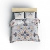 Lenjerie de pat dublă din bumbac 100% ranforce, Cotton Box, design oriental în nuanțe de albastru indigo, portocaliu și bej, cu motive florale și modele ornamentale.