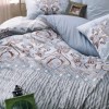 Lenjerie de pat dublu bumbac 100% Ranforce, design vintage 3D cu motive florale albastru și maro pe fundal alb.