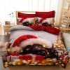Lenjerie de pat Crăciun 3D din finet, 6 piese, cu design de cățel purtând căciulă de Moș Crăciun și cadouri festive