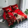 Lenjerie de pat Crăciun 3D din finet, 6 piese, cu design cățel și brad pe fundal roșu
