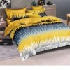 Lenjerie de pat dublu din finet, 6 piese, cu design modern de unde sonore în nuanțe de galben, gri și negru