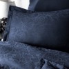 Lenjerie de lux pat dublu jacquard satin 6 piese First Choice Tecna Albastru navy cu model ornamental in relief