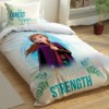 Lenjerie de pat Disney Frozen 2, față-verso, cu Anna și Elsa, mesaje Find Your Strength și Face Your Fear, elemente fosforescente, nuanțe de albastru și alb, 3 piese, bumbac