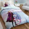 Lenjerie de pat Disney Frozen Believe in the Journey, cu Anna, Elsa și Olaf, design albastru și mov, fundal de iarnă, mesaj Believe in the Journey, 3 piese, bumbac