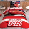 Lenjerie de pat Disney Cars Spectator, cu Lightning McQueen, mesajele Lights, Camera, Speed și Speed Central, design roșu, alb și negru, 3 piese, bumbac