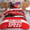 Lenjerie de pat Disney Cars Spectator, cu Lightning McQueen, mesajele Lights, Camera, Speed și Speed Central, design roșu, alb și negru, 3 piese, bumbac