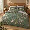 Lenjerie de pat 3D First Choice Morris bumbac satinat 220 TC cu flori de mar roz si albe pe fond verde salvie