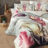 Lenjerie de pat 3D First Choice Yalens bumbac satinat 220 TC cu pene multicolore roz mov bej pe fond gri verzui