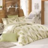 Lenjerie de pat de lux din bumbac satinat, model Nazenin Home Elena Grey, 4 piese, cu pene delicate verde pal pe fundal alb.