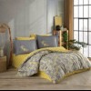 Lenjerie de pat poplin cu flori galbene și gri, din bumbac 100%, set de 4 piese