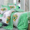 Lenjerie de pat Poplin Percale Alvis Water Green, bumbac 100%, cu flori verzi și galbene, cearșaf pilotă, cearșaf pat, fețe de pernă