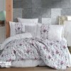 Lenjerie de pat Poplin Percale Claudia Grey, bumbac 100%, cu flori roz și gri, cearșaf pilotă, cearșaf pat, fețe de pernă, ambalaj cadou