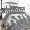 Lenjerie de pat Jazz Black cu siluete de pisici și motive florale în alb și negru, 100% bumbac poplin, design elegant, 4 piese.
