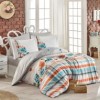 Lenjerie de pat poplin Norma Turquoise cu flori turcoaz și portocalii, set de 4 piese, bumbac mercerizat, ambalată în cutie cadou.