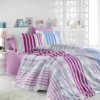 Lenjerie de pat poplin percale Hobby Home, model Stripe Fuchsia, design modern cu dungi în nuanțe de fuchsia, albastru și gri pe fundal alb, bumbac 100% mercerizat, ambalată în cutie cadou.