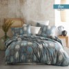 Lenjerie de pat dublu bumbac 100% ranforce cu design de frunze albastru și gri, set de 6 piese