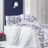 Lenjerie de pat dublu din bumbac ranforce cu model floral în nuanțe de albastru și roz pe fundal alb