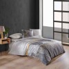 Lenjerie de pat Bahar Textile din bumbac 100% ranforce, design modern în gri, galben și alb, cu imprimeuri de frunze și linii geometrice