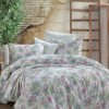 Lenjerie de pat dublu bumbac 100% ranforce Bahar Home Lucy alb-roz-verde cu design floral
