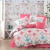 Lenjerie de pat dublu bumbac 100% ranforce Bahar Home Sion fuchsia-alb-turcoaz cu motive geometrice