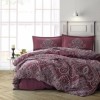 Lenjerie de pat din bumbac ranforce Pucioasa, design cu imprimeuri albe complexe pe fundal vișiniu