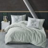 Lenjerie de pat din bumbac ranforce Pucioasa, design cu dungi verzi și motive florale gri pe fundal alb cu model geometric
