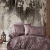 Lenjerie de pat dublu satin de lux mov cu design de frunze albe și argintii