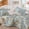 Lenjerie de pat din bumbac satinat Hobby Home cu model flori verde apă și galben pe fundal alb