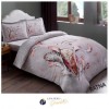 Lenjerie de pat dublu din bumbac satinat, model Ratna, cu design floral roz și gri, include 2 cearceafuri de pilotă