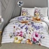 Lenjerie de pat dublu din satin alb cu flori galbene, roz și mov, model Candra