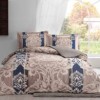 Lenjerie de pat TAC Ethan cu design baroc albastru bej, detalii florale și geometrice, pe bumbac 100% satinat, include cearceaf, husă de pilotă și fețe de pernă