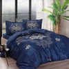 Lenjerie de pat dublu satin de lux TAC model Florian lacivert cu imprimeu floral baroc, fabricată din 100% bumbac satinat.