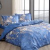 Lenjerie de pat TAC Roanne Mavi cu design floral albastru pe bumbac 100% mako-satin, include cearceaf, husă de pilotă și fețe de pernă