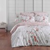 Lenjerie de pat bumbac satin de lux 6 piese First Choice Matilde alba cu flori roz piersiciu si fluturi