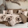 Lenjerie pat finet cu elastic bej taupe, model cu papadie si fluturi maro-portocaliu pe fundal crem, 6 piese
