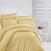 Lenjerie de pat galben-muștar damasc din bumbac 100% cu dungă de 1 cm lățime, specială pentru hoteluri, set 4 piese, cearceaf cu elastic pentru saltea de 180 cm