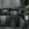 Lenjeriie de pat Palace Satin cu imprimeu digital baroc, Dorhan Negru, din bumbac satinat 100%, in nuante de negru, auriu si turcoaz.