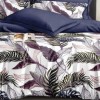 Lenjerie finet cu elastic 6 piese Frunze tropicale Bleumarin/Violet, cearceaf pilota 200x220 cm