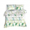 Lenjerie de pat dublu bumbac 100% ranforce cu design de frunze și flori în nuanțe de verde, galben și alb, set de 4 piese